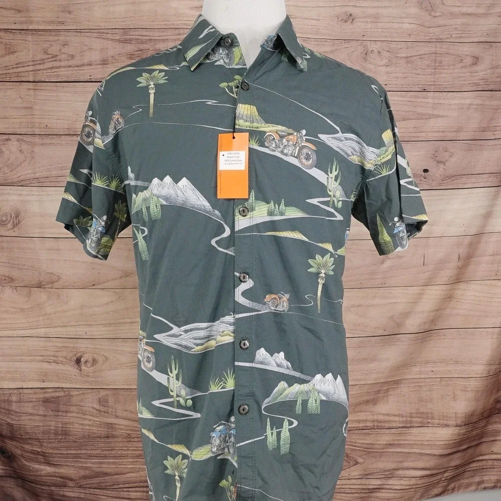 New! Harley-Davidson Hawaiian Shirt Mens L Gray Short Sleeve Button-Up Roam Free - Picture 2 of 7